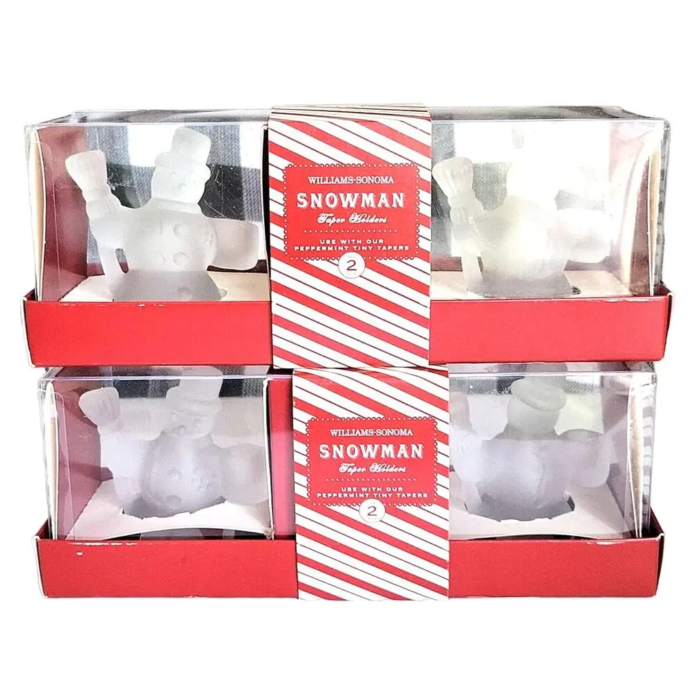 Vintage Williams Sonoma Snowman Tiny Taper Holder Clear Satin Glass Set Festive